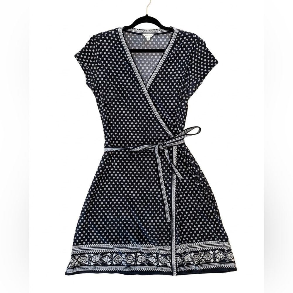 Max Studio Wrap Dress Dark Blue White Polka Dot Tie Waist Size L
